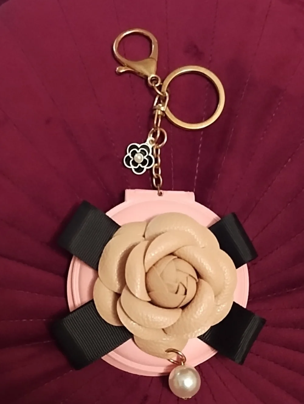 Pink & Beige Camilla Flower Keychain Charm w/Folding Mirror
